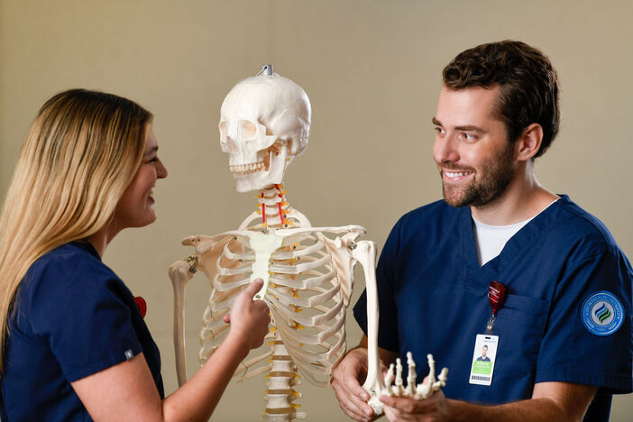 two radiography students examining the anatomy of a skeleton in classroom