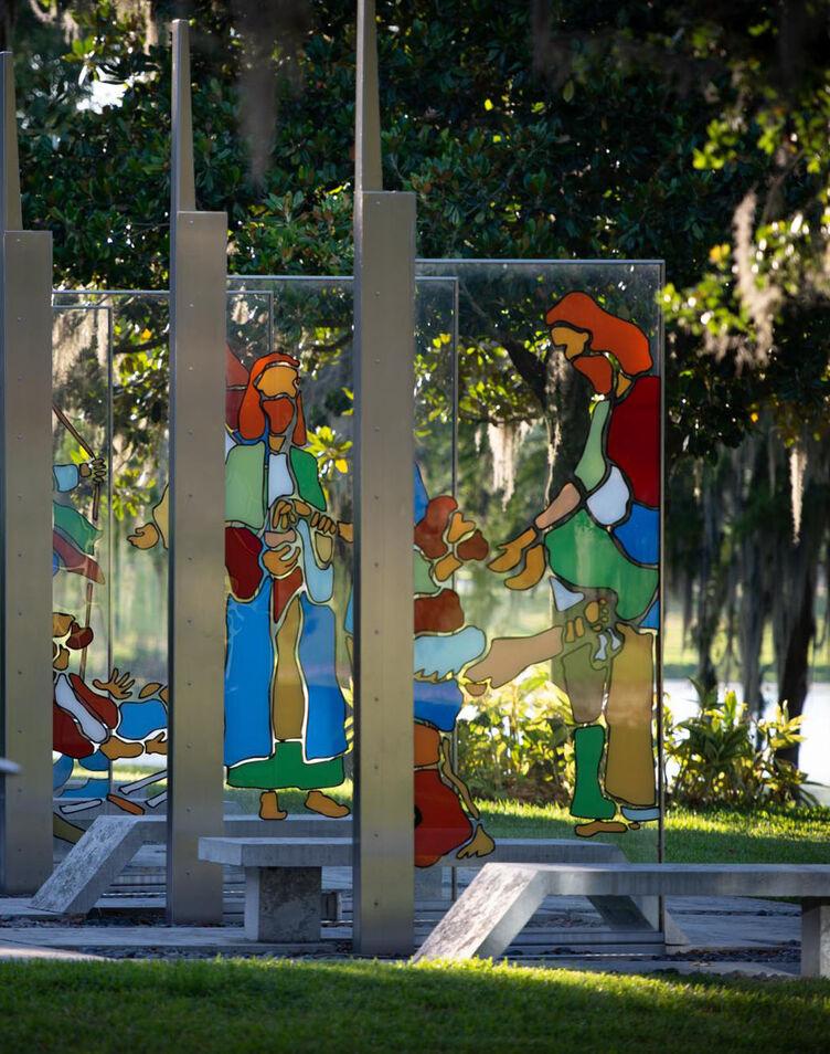 Stained glass art in the garden of miracles at AHU Orlando